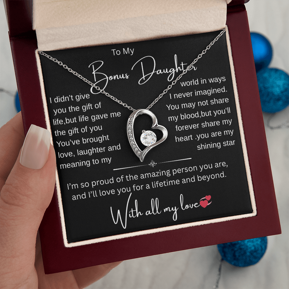 Bonus Daughter Necklace from Bonus Mom or Dad/ Heartfelt Gift with Message Card, Jewelry Gift for Birthday, Christmas, Graduation