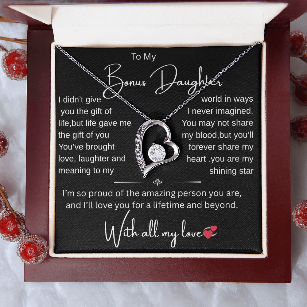 Bonus Daughter Necklace from Bonus Mom or Dad/ Heartfelt Gift with Message Card, Jewelry Gift for Birthday, Christmas, Graduation